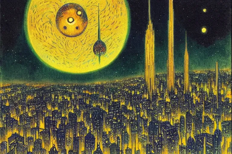 Prompt: a scifi illustration, Night City on Coruscant by Louis Wain (1920)