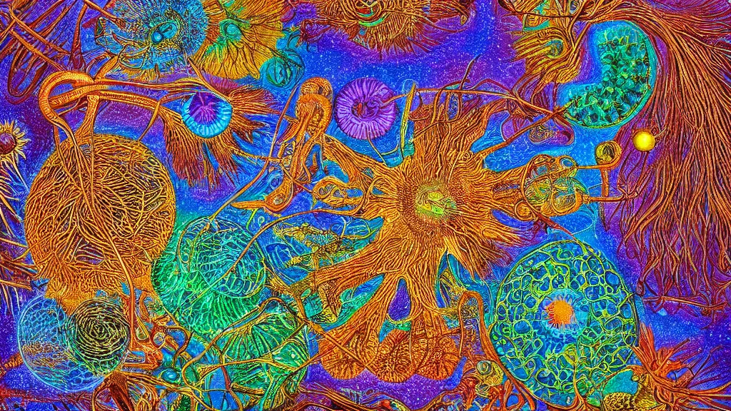 Image similar to quantum connections represented as symbiotic organisms like cells playing around with colorful lights by ernst haeckel, prismatic view