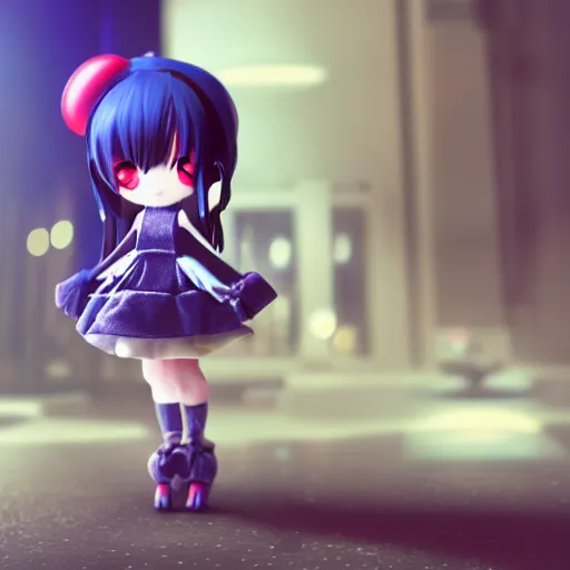 Image similar to cute fumo plush of a girl with prosthetic mechanical arms, blue velvet dress, bokeh, cyberpunk anime girl, vray