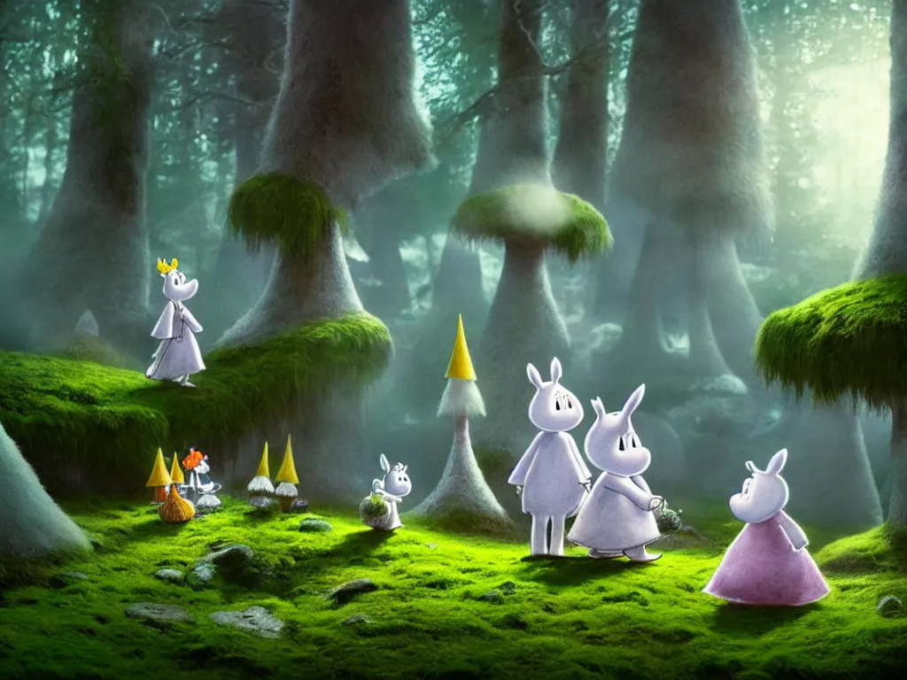 Image similar to the moomins wearing fluffy knight armor discovering the enchanted forest full of magic trees, giant mushrooms and moss and many fairies glowing in the dark, photorealistic painting, cgi, low volumetric light, movie still, very cute and cozy and fluffy and sweet