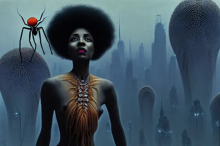 Prompt: realistic detailed photorealistic portrait movie shot of a beautiful black woman with a giant spider, dystopian city landscape background by denis villeneuve, amano, yves tanguy, alphonse mucha, ernst haeckel, david lynch, edward robert hughes, roger dean, cyber necklace, rich moody colours, cyber patterns, wide angle