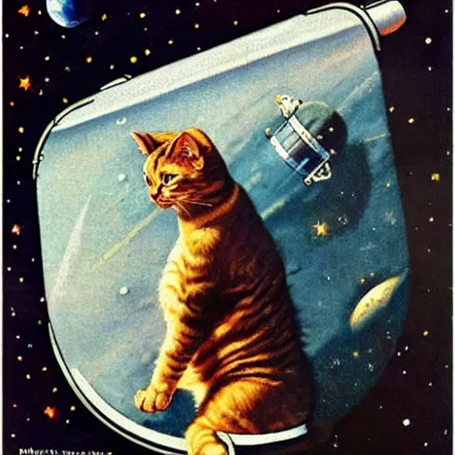 Image similar to an astronaut with a cats head, space, art by Norman Rockwell