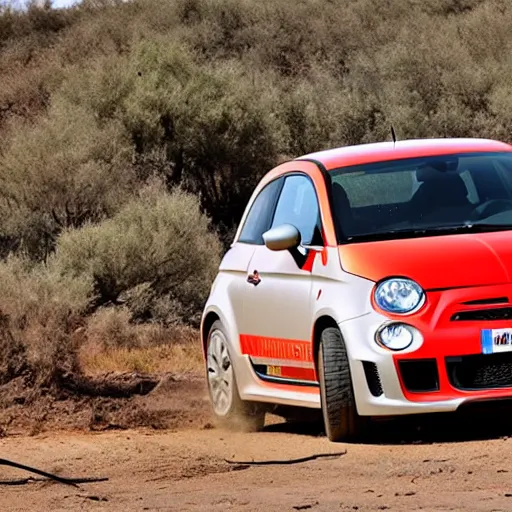 Image similar to a wrecked 2 0 1 0 abarth 5 0 0, abandoned in a desert, dusty, damaged, some rust