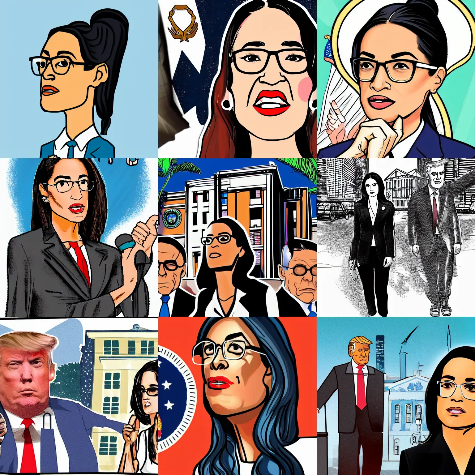Prompt: illustration of 'AOC as FBI agent', 'Donald trumps mansion is raided by FBI', miami. Illustration