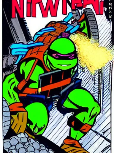 Image similar to full - color illustration by kevin eastman and peter laird from the cover of a 1 9 8 5 tmnt comic book depicting the ninja turtles fighting against the terminator endoskeleton inside the cluttered cyberdyne lab.