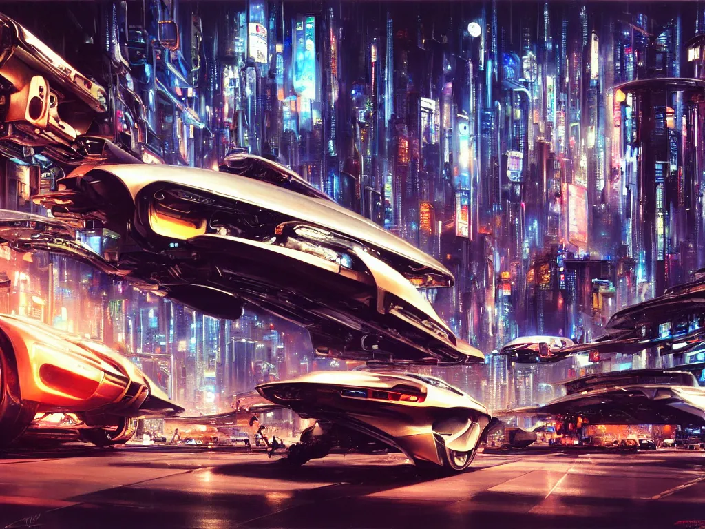 Prompt: hyperrealistic and beautiful painting of a slice of life from a futuristic city, mechanical designs, futuristic cars, night, technological, cinematic, cyberpunk style, highly detailed!, realism, acrylic on canvas, 8 k resolution, concept art, by noriyoshi ohrai, john berkey
