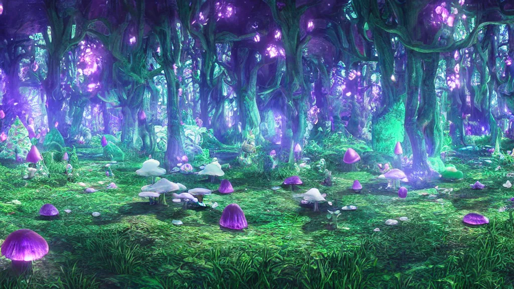Image similar to 8k, acid trip, hall of mirrors, ultra detailed, a hyperrealistic image of a mycelium forest with neon glowing mushrooms, with magical creatures, by studio ghibli, trending on patreon, artstation, deviantart. Unreal engine
