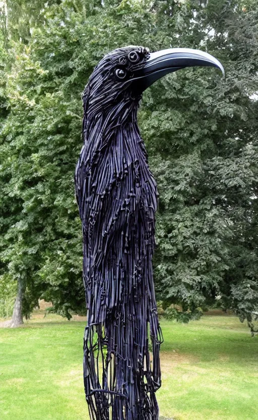 Prompt: imposing scary intricate raven outdoor sculpture made of oily cords
