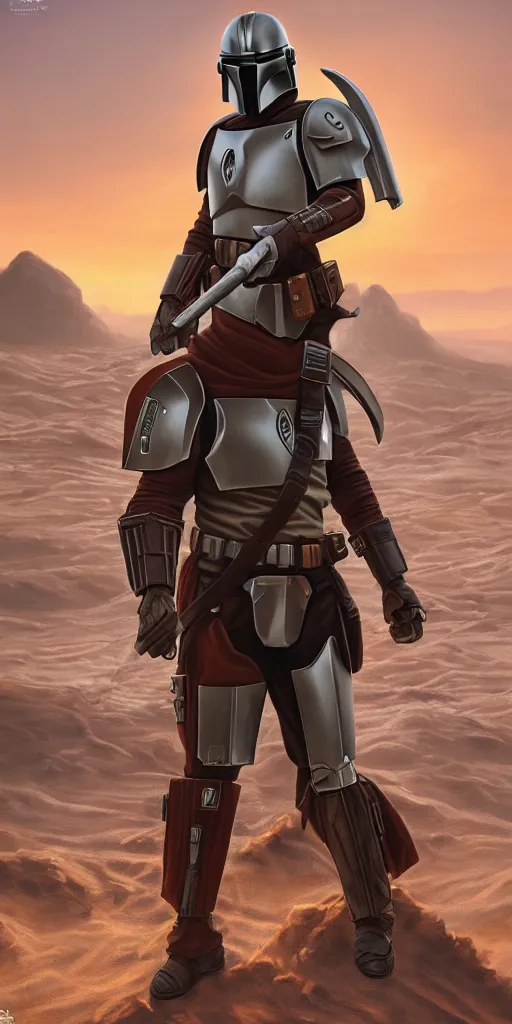 Prompt: a medieval fantasy mandalorian in the style of very very photorealistic digital art by envar studio, detailed and ornate armor, concept art, movie quality, ultra realistic, epic, stunning composition, desert sunrise in the background, unreal engine 5, nvidia, oil painting