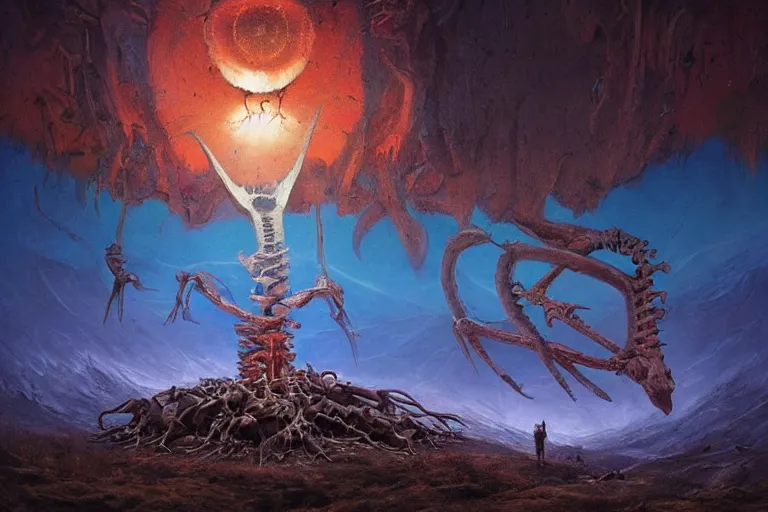 Image similar to prophecy, vivid colors, hallucination, amazing concept painting by Jessica Rossier and HR giger and Beksinski, the middle of a valley, it was full of bones, bones that were very dry, there was a noise, a rattling sound, and the bones came together, bone to bone , I looked, and tendons and flesh appeared on them and skin covered them, but there was no breath in them and breath entered them, they came to life and stood up on their feet a vast army