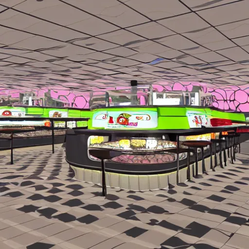 Image similar to futuristic fast food store