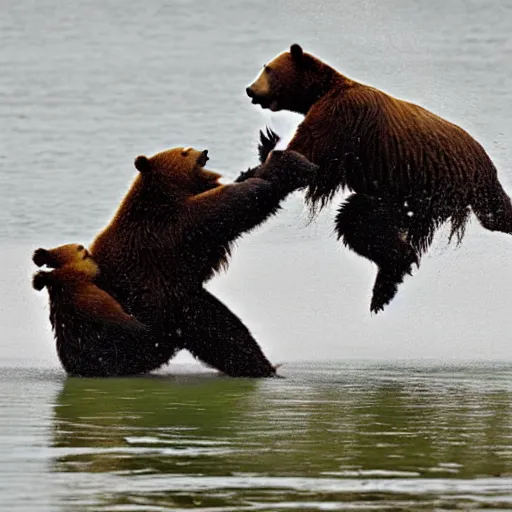 Image similar to kodiak bears kung - fu fighting on a lakefront using salmon as weapons, in the style of the flinstones,