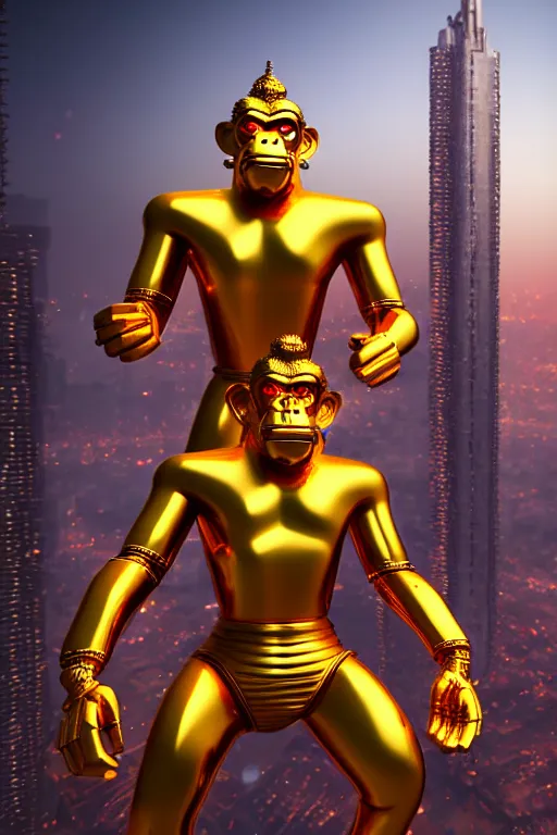 Image similar to high quality 3 d render cyborg gold hanuman! with nose piercings, cyberpunk highly detailed, mumbai in the background, unreal engine cinematic smooth, in the style of blade runner & solaris, hannah yata charlie immer, moody light, low angle, uhd 8 k, sharp focus