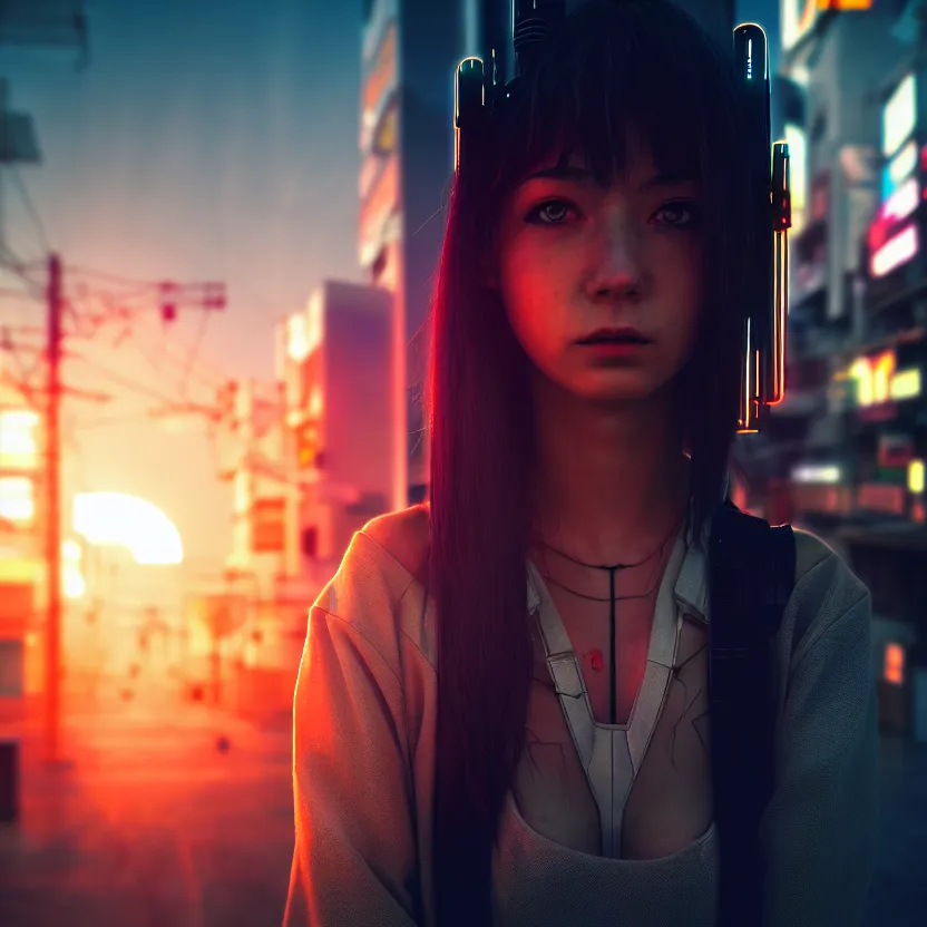 Image similar to a photo close up cyberpunk cyborg girl stands in a cyberpunk hiroshima, prefecture streets, sunset, photorealistic, cinematic lighting, very detailed, style by tomino - sama