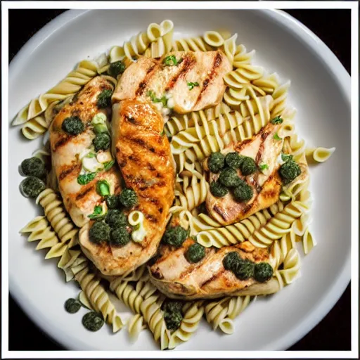 Image similar to an award winning photograph of dish made out of grilled chicken, pasta with creamy sauce, capers, lemons, product presentation, HD