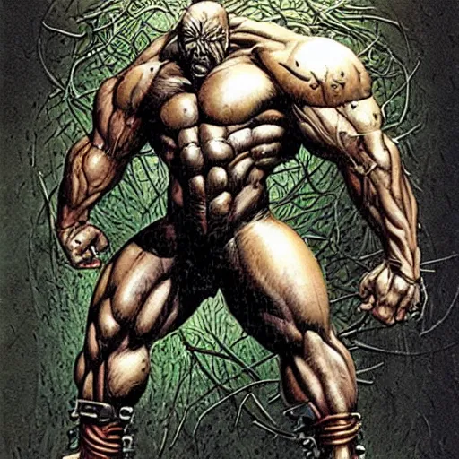 Image similar to by Simon Bisley, a cybernetically enhanced man on steroids growing out of an organic wall made of sinew and flesh