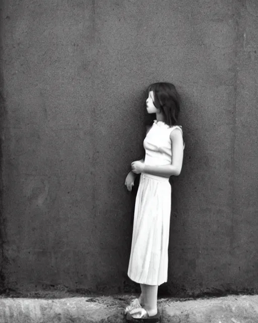 Prompt: black and white photo, a young girl stands near a wall looking longingly into her girlfriend's eyes, cdx