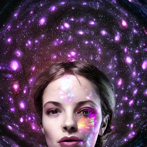 Prompt: woman portrait made out of galaxies floating in space, saturn, highly detailed, beautiful, realistic, tim burton comic book art, octane render, sharp focus