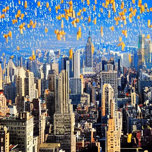 Prompt: New York City with the buildings made of macaroni noodles. Pasta sauce raining from the sky