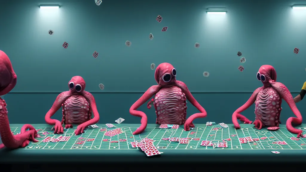 Image similar to hyperrealism simulation highly detailed human octopuses'wearing transparent jackets, playing poker in surreal scene from art house movie from future by wes anderson and denis villeneuve rendered in blender and octane render