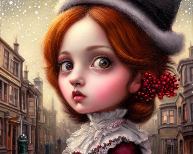 Image similar to closeup profile portrait of victorian london streets, nicoletta ceccoli, mark ryden, lostfish, max fleischer, hyper realistic, artstation, illustration, digital paint, matte paint, vivid colors, bright, cheerful, detailed and intricate christmas environment