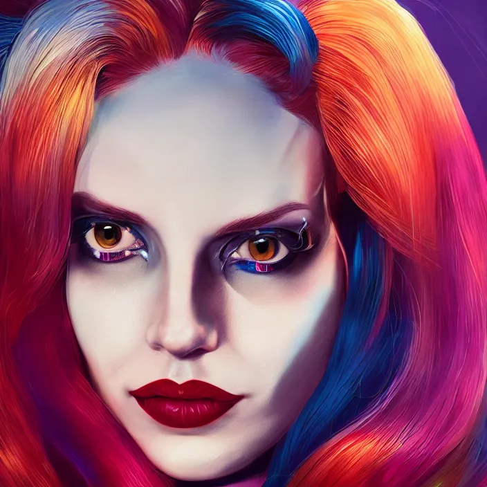 Image similar to portrait of lana del ray as a harley quinn. intricate abstract. intricate artwork. smooth. by Tooth Wu, wlop, beeple, dan mumford. octane render, trending on artstation, greg rutkowski very coherent symmetrical artwork. cinematic, hyper realism, high detail, octane render, 8k, iridescent accents