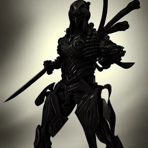 Prompt: a dark figure posing holding a katana wearing futuristic armor, full body, intricate details, Trending on artstation