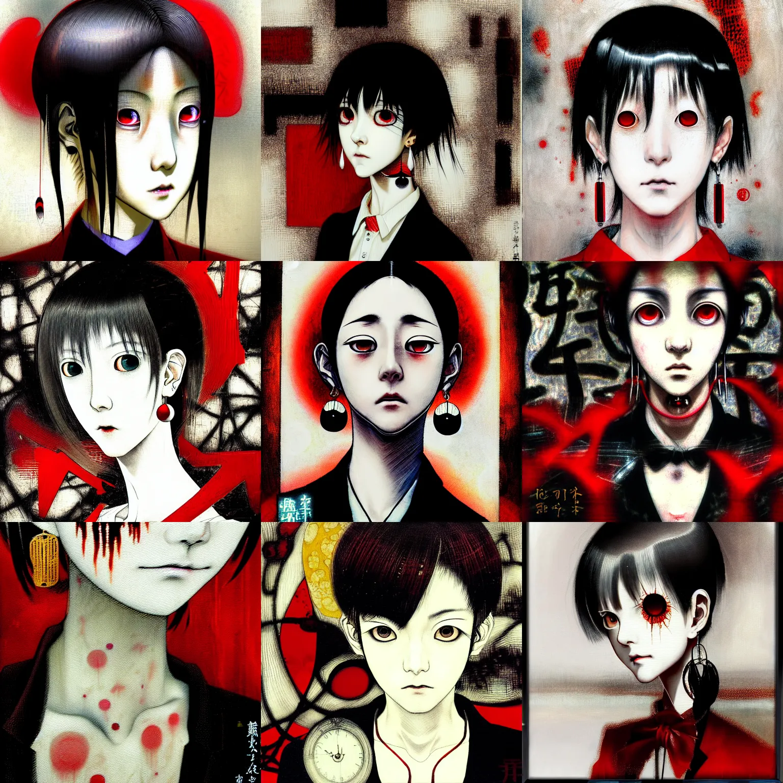 Prompt: yoshitaka amano blurred and dreamy realistic three quarter angle horror portrait of a sinister young woman with short hair, big earrings and red eyes wearing office suit with tie, black and white junji ito abstract patterns in the background, satoshi kon anime, noisy film grain effect, highly detailed, renaissance oil painting, weird portrait angle, blurred lost edges