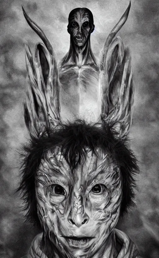 Prompt: disturbingly beautiful portrait of frank from donnie darko in the style of pan from pan's labyrinth, highly detailed, 4 k, hyperrealistic