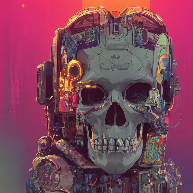 Image similar to a beautiful portrait painting of a ( ( cyberpunk ) ) skull by simon stalenhag and pascal blanche! and alphonse mucha! and nekro!!. in style of digital art. colorful comic, film noirs!, symmetry, hyper detailed. octane render. trending on artstation