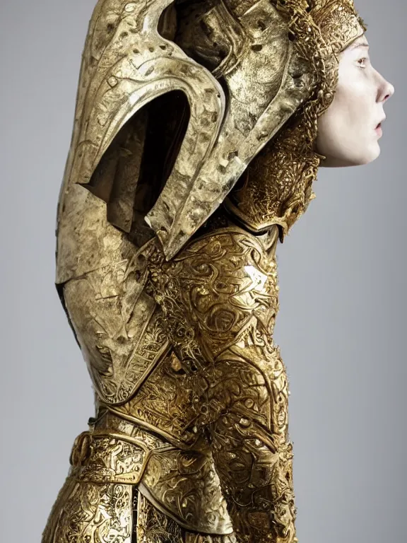 Image similar to a dramatically lit art nouveau white marble head and torso sculpture of a worried young karen gillan as joan of arc, wearing intricate gold plate armor on her chest, delicate, intricate, smooth, beautiful, glowing, by charles van der stappen