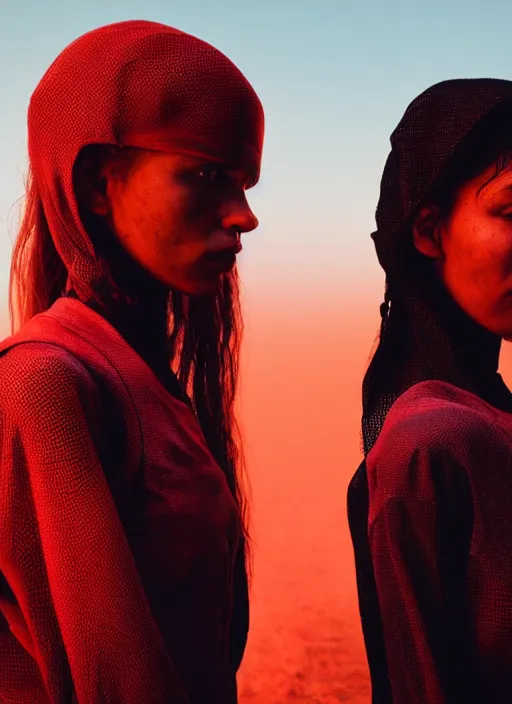 Image similar to cinestill 5 0 d photographic portrait by steve mccurry of two loving female androids wearing rugged black mesh techwear in a brutalist compound with a red sky, extreme closeup, cyberpunk style, dust storm, 8 k, hd, high resolution, 3 5 mm, f / 3 2, ultra realistic faces, ex machina