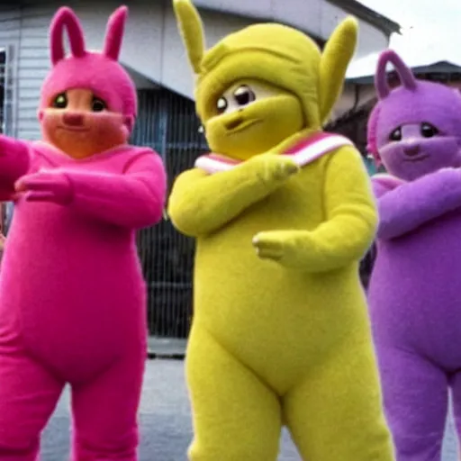 Prompt: teletubbies being arrested for arson at bowling alley