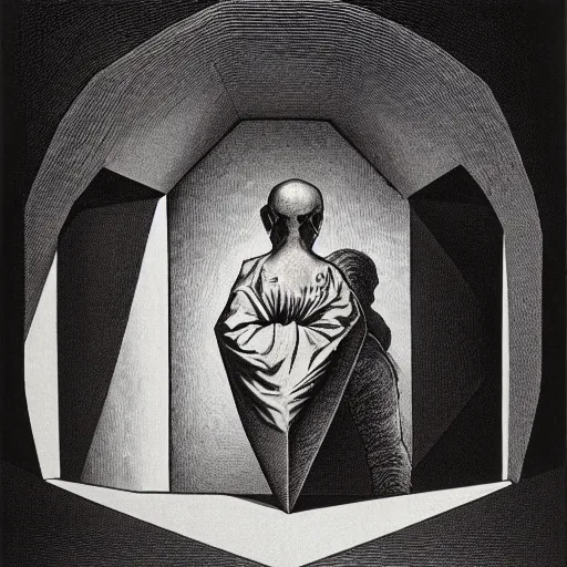 Image similar to lithography on paper secret layer dungeon conceptual figurative post - morden monumental dynamic portrait by goya and escher and hogarth, illusion surreal art, highly conceptual figurative art, intricate detailed illustration, controversial poster art, polish poster art, geometrical drawings, no blur