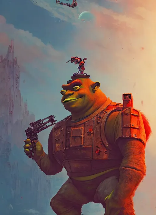 Image similar to shrek as a giant war robot. ultra detailed, close - up, by conrad roset, takato yomamoto, jesper ejsing, masamune shiro, ukiyo - e, 8 k resolution, octane render, high quality, professional artwork