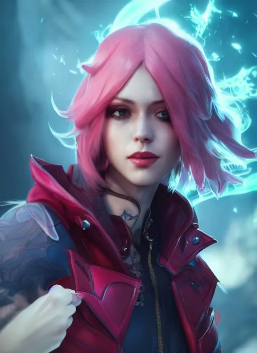 Image similar to vi from arcane, artstation, octane render, by wlop, fortiche, league of legends, fighter, cool red jacket, tattoo, beautiful, 3 d, potrait, art staion, studio light, closeup shot