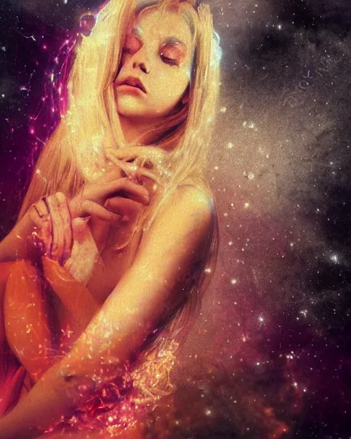 Prompt: a beautiful and eerie baroque painting of a gorgeous young woman in dead space, with wild blonde hair and haunted eyes, 1 9 7 0 s, space station, neon light showing injuries, delicate ex embellishments, painterly, offset printing technique