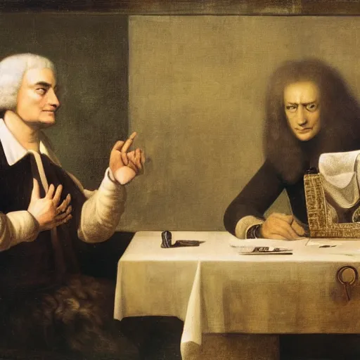 Prompt: photograph of issac newton and elon musk discussing about doge coins, elon musk sitting in the right, hyperdetailed, issac newton sitting in the left hyper detailed, bitcoins on the table, crowd of peoples looking at them