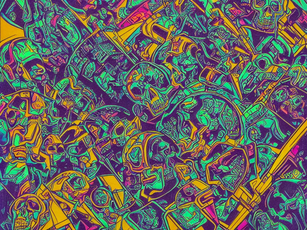 Image similar to technopathic skulls, high detail, highly abstract, vivid colors, a little bit touch of M. C. Escher