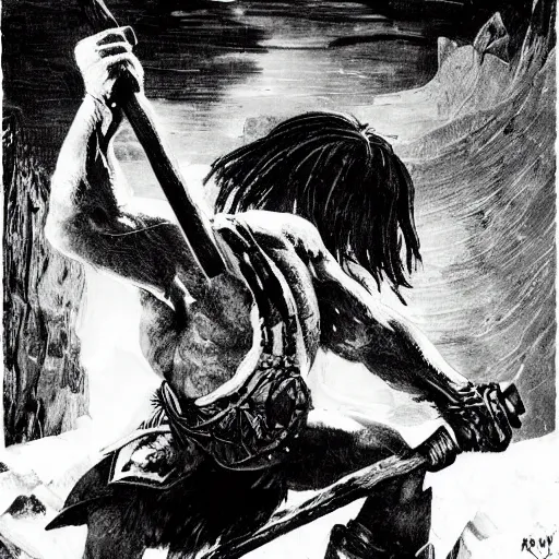 Image similar to norse troll blacksmith with sledgehammer profile portrait half body monochrome portrait hammer cover illustration dramatic kvlt by peder balke by peder balke by guido crepax by norman bluhm mystic high contrast monochromatic norway