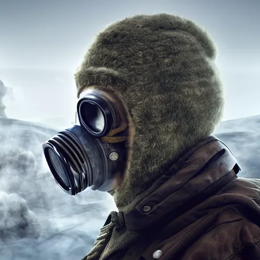 Prompt: donald trump wearing a gas mask and arctic clothing, vaping thick clouds through the mask, close - up, hyper detailed 3 d matte painting, federico pela + greg rutkowski, hyper detailed 3 d render by unreal engine