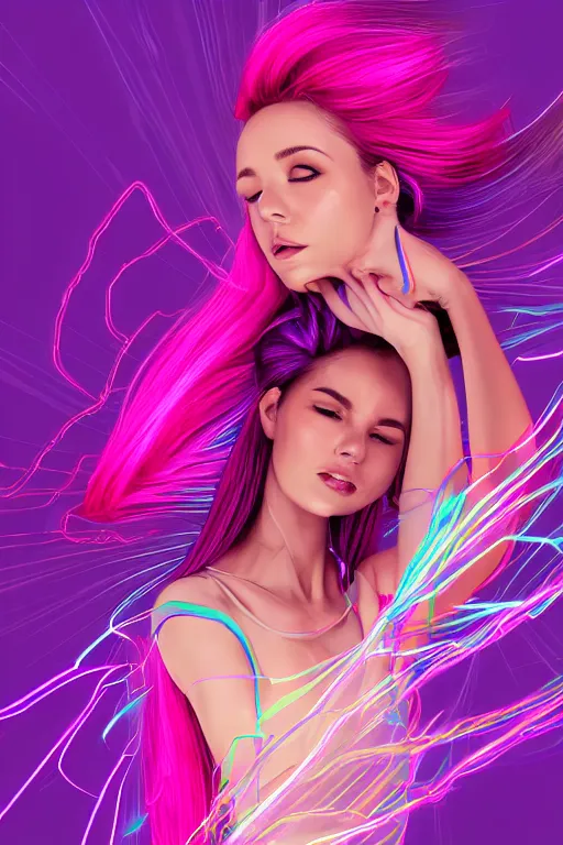 Image similar to a award winning half body portrait of a beautiful woman in a croptop and cargo pants with ombre purple pink teal hairstyle with head in motion and hair flying, surrounded by whirling illuminated lines, outrun, vaporware, shaded flat illustration, digital art, trending on artstation, highly detailed, fine detail, intricate