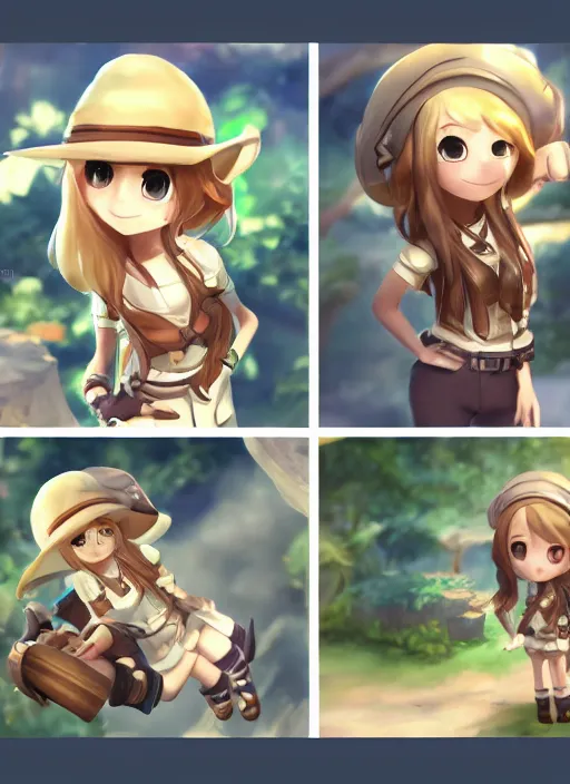 Image similar to female explorer mini cute girl, adoptable, highly detailed, rendered, ray - tracing, cgi animated, 3 d demo reel avatar, style of maple story and aura kingdom, maple story indiana jones, dark skin, cool clothes, soft shade, soft lighting, portrait pose