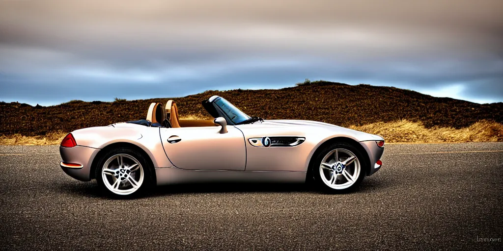 Image similar to photograph, BMW Z8, cinematic, PCH, california coast, 8k, depth of field, bokeh.