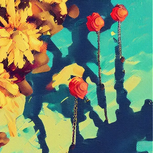 Image similar to a graph style gauche impasto oil paint flowers, steampunk art by james gilleard, cgsociety, retrofuturism, synthwave, retrowave, outrun, autumn color.