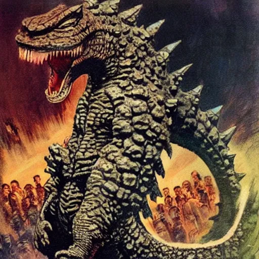 Prompt: showa godzilla by frank frazetta