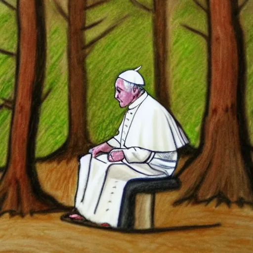 Prompt: The pope sitting on a toilet in the forest, crayon drawing