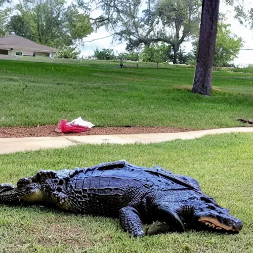 Prompt: one large alligator on a leash sleeping next to a very large mound of trash, papers, junk, and metal parts in a suburban yard