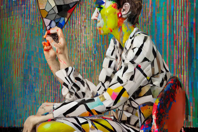 Image similar to portrait of a morphed mosaic painted harlequin sitting on a plastic garden chair looking into a screen doing makeup by james jean and luc tuymans and beeple and hernan bas and pat steir and hilma af klint, psychological, dripping paint, high quality render, masterpiece