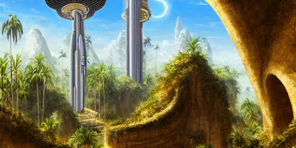 Prompt: a space elevator is the centerpiece of an ancient tomb that is surrounded by banana groves, there are archways, buttresses, and monuments, matte oil painting, science fantasy, retrofuturism, sharp focus, extremely detailed, 4 k